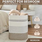 AINUOQI Laundry Hamper - Tall Woven Rope Laundry Basket - Clothes hamper with Leather Handles, 17" X 13.8" X 22", Blanket Storage Basket for Living Room, Rice Brown & White - Image 6
