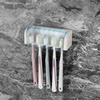 5 Slots Wall Mount Toothbrush Holder with Cover, Self Adhesive Toothbrush Storage Organizer for Shower, Toothbrush Hanger for Bathroom, Medicine Cabinet, Dorm(White + Blue) - Image 5
