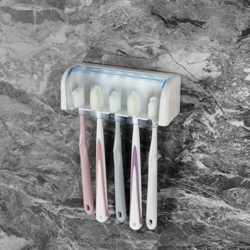 5 Slots Wall Mount Toothbrush Holder with Cover, Self Adhesive Toothbrush Storage Organizer for Shower, Toothbrush Hanger for Bathroom, Medicine Cabinet, Dorm(White + Blue) - Image 5
