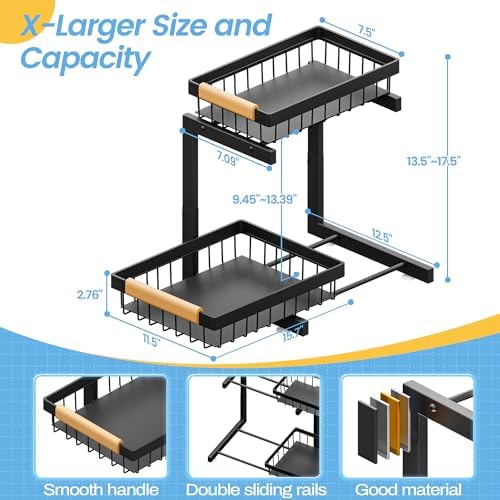 ADBIU Under Sink Organizer 2 Packs 2 Tier Expandable Height Under-Sink Organizers Slide Out Pull Out Organizer Shelf, Black - Image 2