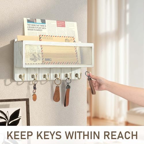 Rebee Vision Key Holder Wall Mount with Mail Basket for Entryway, Whitewash - Image 3