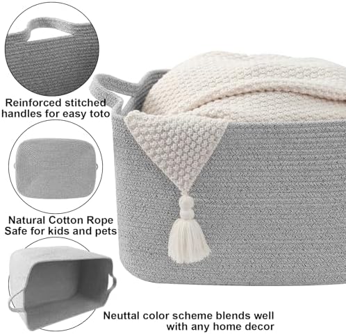 65L Large Laundry Basket with Handles, Woven Blanket Basket, Grey - Image 3