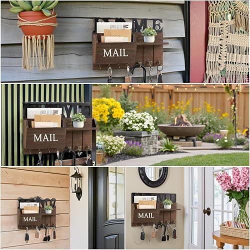 Rustic Wall Key Holder with Shelf & Hooks - Mail Organizer for Entryway | Wooden Key Rack for Keys, Coats, Dog Leash - Brown - Image 4