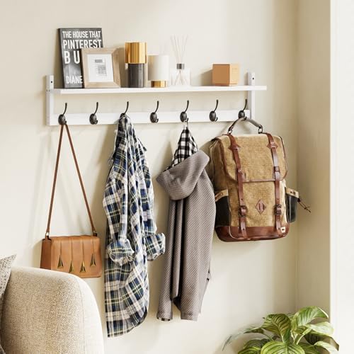 BAMEOS 35" L Wall Hooks with Shelf, Entryway Coat Hooks, Wood Wall Hanging Shelf, Wall-Mounted Coat Rack with 7 Dual Metal Hooks for Bathroom, Kitchen, Living Room, Bedroom (White) - Image 5