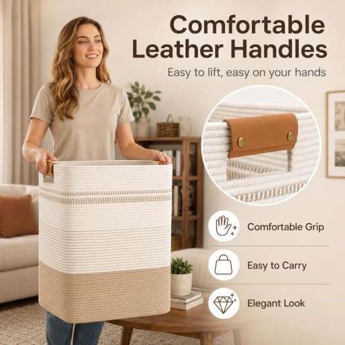Laundry Hamper, Cotton Rope Laundry Basket with Leather Handles, 25.1-Gallon/95 L Large Clothes Hampers for Laundry, Woven Laundry Baskets for Blankets, Clothing, Bedroom, Living Room, Nursery - Image 2