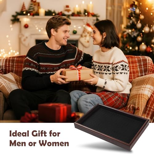 Wooden Valet Tray with Leather Base - Nightstand Catchall Organizer for Cologne, Perfume, Keys, Wallet, Phone, Watch, Jewelry & Sunglasses (2Pcs Black) - Image 6