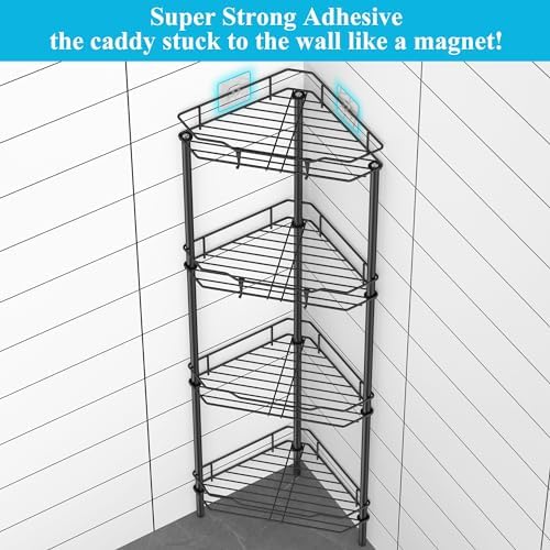 HuggieGems 4 Tier Floor Standing Corner Shower Caddy Organizer Shelf with Hooks, Bathroom Shelves Stand Rack, Black (Pack of 2) - Image 2