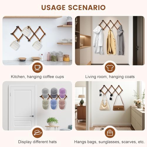 Accordion Wall Hanger, Wood Expandable Wall Mounted Hanger with 10 Hooks for Coats,Hats,Coffee Mug Ect,1 Pack Included,10 Pegs, Walnut Color,Retro Style - Image 7