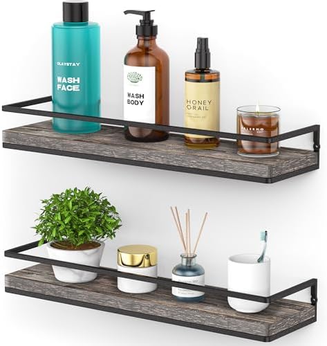 Meangood Floating Shelves Wall Mounted Set of 2, Rustic Wood Wall Storage Shelves for Bedroom,Living Room,Bathroom, Kitchen Pine by Meangood