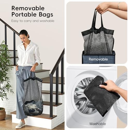 100L Laundry Hamper with Lid, Large Clothes Hampers with Removable Bag, Collapsible Laundry Basket for Bathroom, Bedroom, Laundry Room, Dorm, Navy Blue - Image 5