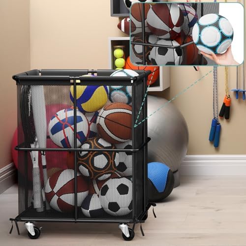 smusei Ball Storage Bin Rolling Sports Ball Storage Cart Garage Sports Equipment Organizer Rack with Wheels Outdoor Basket Ball Cage for Garage, School, Gym, Yoga Room - Image 4