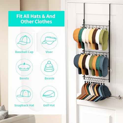 HapiRm Over Door Hat Rack - 3 Tier Wall Mounted Hat Organizer with 16 Hooks and 10 Movable Clips, Baseball Cap Organizer Storage Holds up to 26 Caps for Door, Bedroom, Closet USPTO Patented - Image 4
