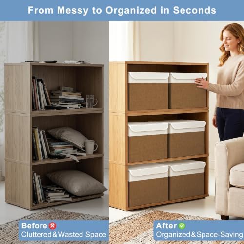 Large 17" 42 Quarts Collapsible Stackable Storage Bins with Lids [3-Pack] Foldable Fabric Linen Storage Boxes Cube, Closet Organizer Baskets with Label for Home (16.7 x 12 x 12", Brown & White) - Image 2