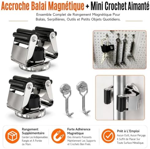 3-H 4 Pack Magnetic Broom Holder with 4 Pack Mini Magnetic Hooks,Silver - Image 4