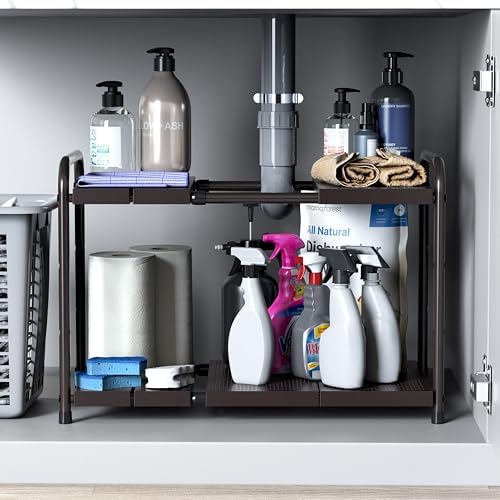 Simple Houseware Under Sink 2-Tier Heavy Duty Expandable Organizer, Bronze - Image 7