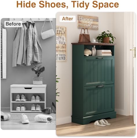 24" W Hidden Shoe Storage Cabinet with 2 Flip Drawers & Open Storage - Image 4