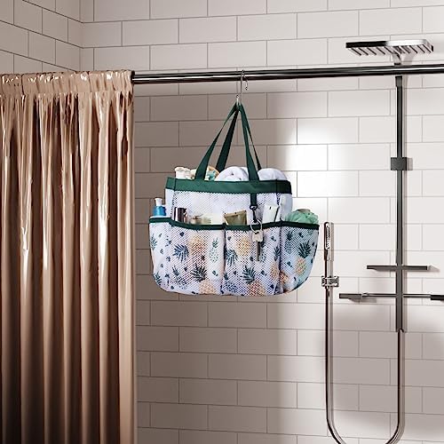 F-color Shower Caddy Portable - Mesh Shower Bag Basket Tote for College Dorm Room Essentials Bathroom Gym Camp Quick Dry for Women Men with S Hook, Green Pineapple - Image 6
