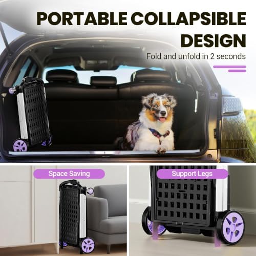 8-in-1 200LBS Collapsible Shopping Cart, Multi Functional Utility Cart with 2 Storage Baskets,Adjustable Handle Grocery Cart on Wheels for Shopping, Warehouse, Home, Supermarket - Purple - Image 4
