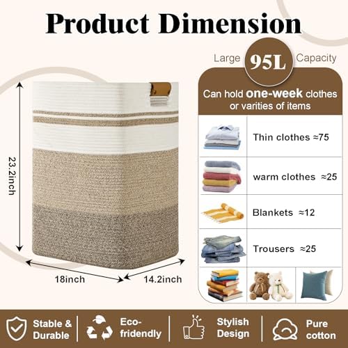 Laundry Hamper, 95L Tall Laundry Basket with Leather Handles, Rectangle Large Clothes Hamper for Organizing, Cotton Woven Laundry Baskets Storage Hampers for Bedroom, Nursery, Living Room - Image 3