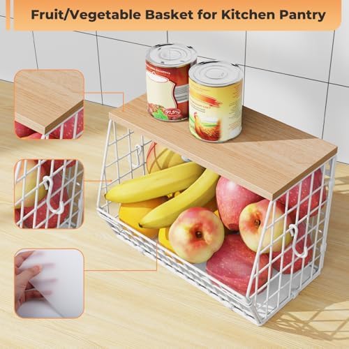 White Fruit Bowl Wire Basket Storage Pantry Fruit and Vegetable Storage Fruit Basket for Kitchen Counter Stackable Wall Mounted Hanging Basket Wire Basket with Wood Lid with Hanger Hooks - Image 3