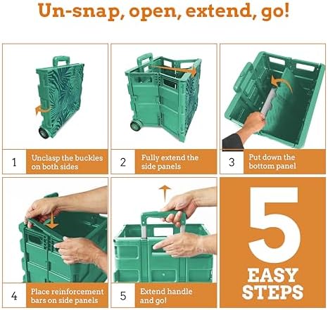Inspired Living Ultra-Slim Rolling Collapsible Storage Pack-N-Roll Utility-carts, with Telescopic Handle, for Home, Garden, Shopping, Office, School use, Large, Motif Print - Image 7