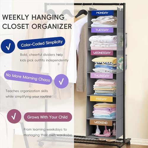 Weekly Hanging Closet Organizer for Kids, 6-Shelf Clothes Storage with Labeled Days of The Week Monday Through Friday, Weekday and Weekend, Days of The Week Clothes Organizer - Image 3