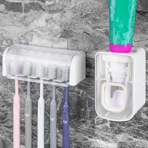5 Slots Wall Mount Toothbrush Holder with Cover, Self Adhesive Toothbrush Storage Organizer for Shower, Toothbrush Hanger with Automatic Toothpaste Squeezer Dispenser by LUEXBOX