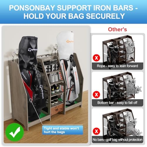Golf Bag Storage Organizer Holds 2 Golf Bags for Garage - Wooden Rack - Image 4