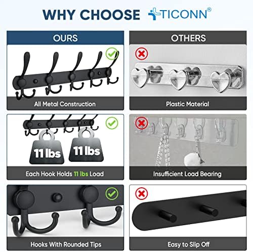 TICONN Wall Mounted Coat Rack, Five Heavy Duty Tri Hooks All Metal Construction for Jacket Coat Hat in Mudroom Entryway (Matte Black, 2-Pack) - Image 3