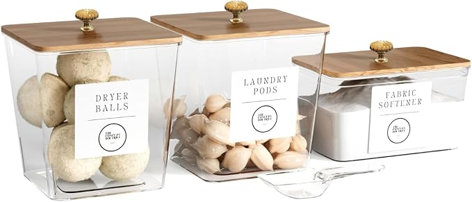3 Pack Acrylic Laundry Room Organization Containers with Gold & Wood Knobs – Laundry Pods Container & Detergent Organizer Set | Clear Laundry Jars | Scoops & Customizable Labels | Storage Canisters by YHEcommerce92