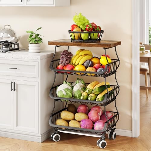 SAYZH 4-Tier Fruit and Vegetable Basket Stand for Kitchen, Wood Top, Black by SNTD