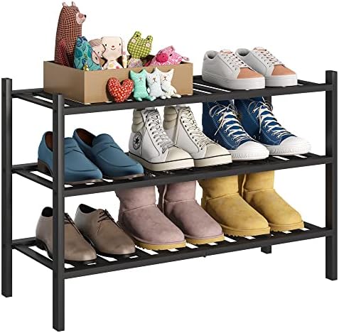 BMOSU 3-Tier Bamboo Shoe Rack Premium Stackable Shoe Shelf Storage Organizer for Hallway Closet Living Room Entryway Organizer (Black Bamboo) by BMOSU
