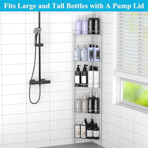 HuggieGems Metal Floor Standing Corner Shower Caddy, Silver, 5 Tier - Image 3
