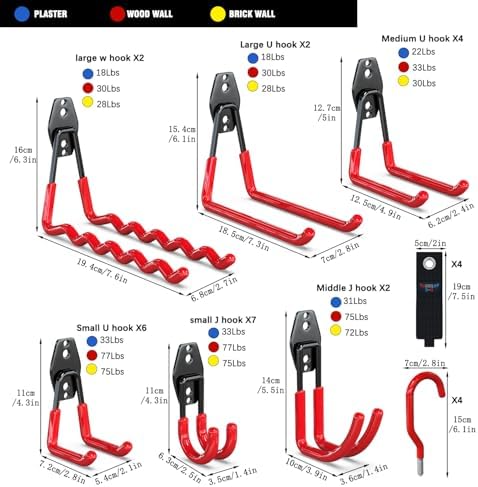 3-H Heavy Duty Garage Hooks, 31 Pack Wall Storage Organizer,Red - Image 2