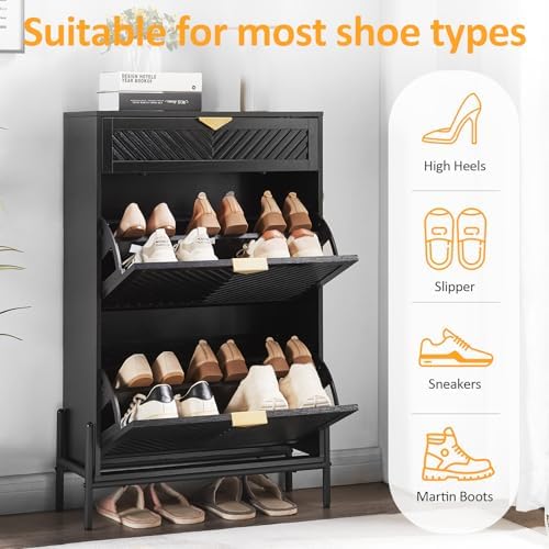 Shoe Cabinet with 2 Flip Drawers, Narrow Entryway Rack, Black - Image 3