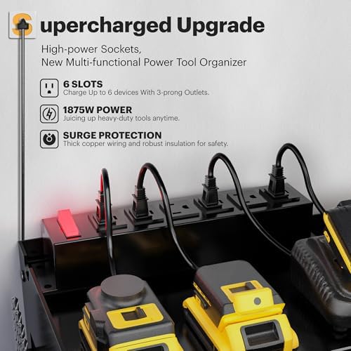 Spampur Power Tool Organizer Wall Mount with Charging Station, 15 Min Assembly & Maximum 420lb Load by Heavy Duty Metal, 8 Slots for Cordless Drill, Tool Battery Holder with 6 Outlet Power Strip - Image 3