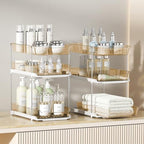 Delamu 2 Pack 3-Tier Bathroom Under Sink Organizers and Storage, Multi-Purpose Stackable Pantry Organization and Storage, Pull Out Clear Kitchen Bathroom Cabinet Organizer with Movable Dividers, Amber - Image 5