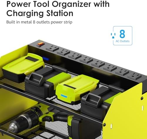 CCCEI Modular Power Tool Organizer Wall Mount Charging Station, Green 6 Drills Holder with 8 Plug Power Strip 10FT, Garage Drill Battery Heavy Duty Metal Shelf, Utility Rack with Hooks, Side Storage. - Image 2