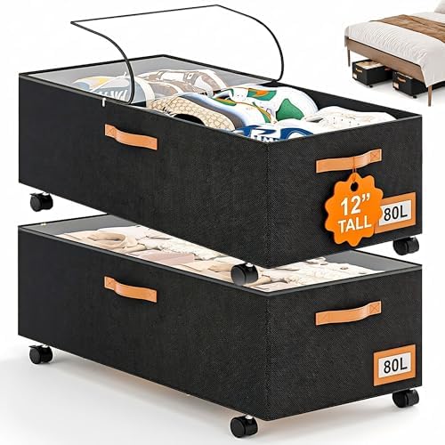 Under Bed Storage with Wheels, 12" Height Under Bed Storage Extra Deep Under Bed Storage Containers, Perfect for 14'' Bed Frame, No Assemble Metal Rolling Underbed Storage for Clothes Shoes Blankets by Unknown