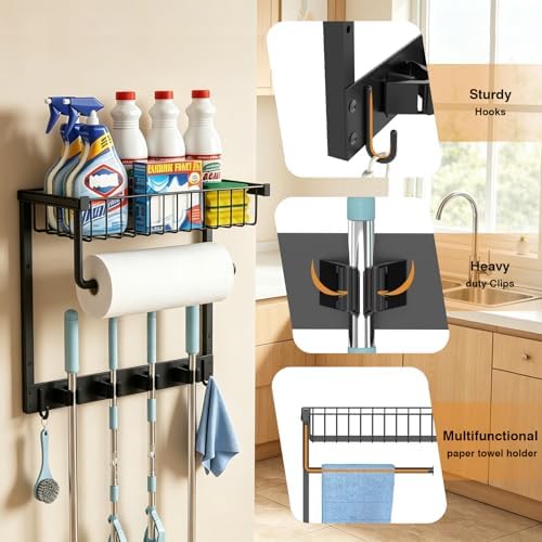 Broom Holder Wall Mount with Paper Towel Holder& Removable Anti-fall Basket - Image 7