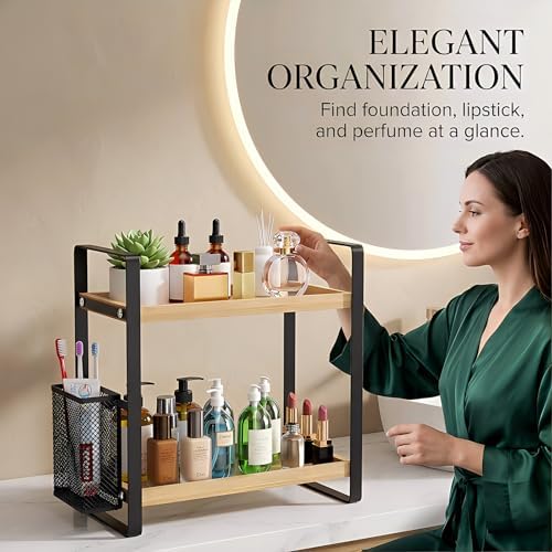 LEMIKKLE 2-Tier Wood Bathroom Counter Organizer with Basket,Waterproof Vanity Perfume Skincare Storage for Bathroom, Kitchen, Dresser - Image 5