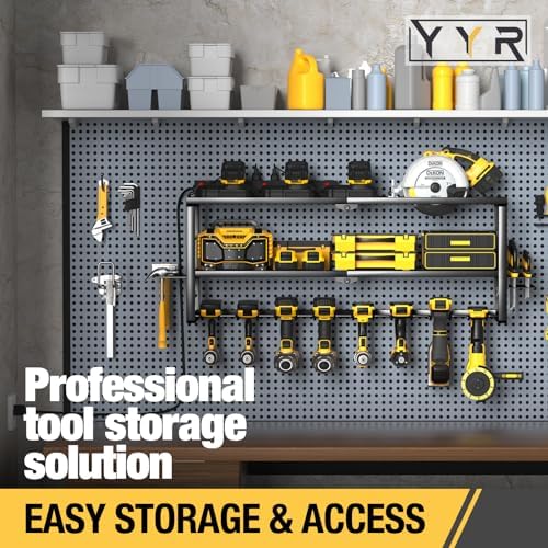 YYR Heavy Duty Power Tool Organizer with Charging Station, Cordless Drill Hanger Storage Rack, Battery Tools Holder Wall Mount Shelf for Garage - 32 Inch Equipped with Surge Protection Power Strip - Image 6