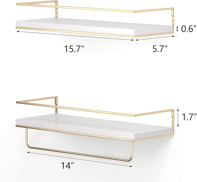 Shario White Floating Shelves - Set of 2, Wall Mounted Hanging Shelves with Golden Towel Rack, Decorative Storage Shelves for Bathroom, Kitchen, Living Room & Bedroom (White Gold, 15.7 Inches) - Image 3