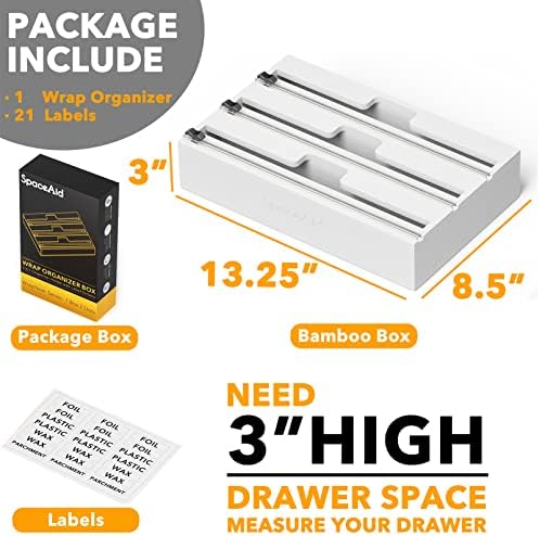 SpaceAid WrapNeat 3 in 1 Wrap Organizer with Cutter and Labels, Plastic Wrap, Aluminum Foil and Wax Bamboo Dispenser for Kitchen Storage Organization Holder for 12" Roll (White) - Image 3