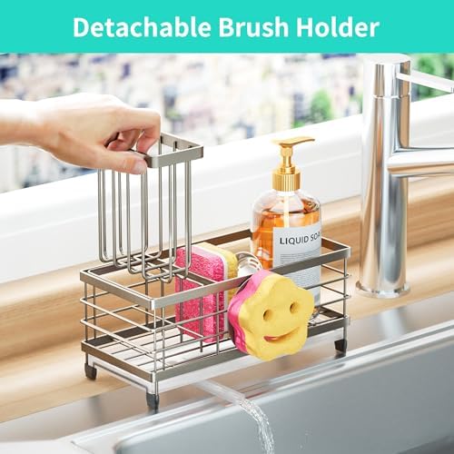 HapiRm Sink Caddy Sponge Holder - Self-draining Kitchen Sink Organizer with Smiley Face and Brush Holder, Stainless Steel Kitchen Organizer for Countertop - Brushed Nickel - Image 3