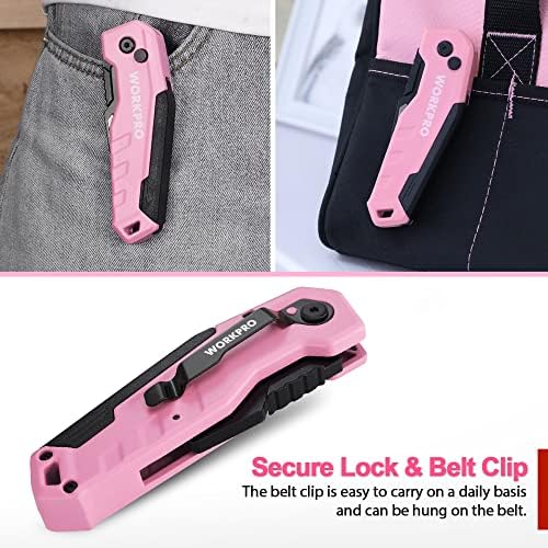 WORKPRO Folding Utility Knife, Quick Change Box Cutter, Pink Ribbon - Image 5
