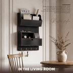 Rebee Vision Pine Wood Key Holder Wall Mount with Drawer, Distressed Black - Image 3