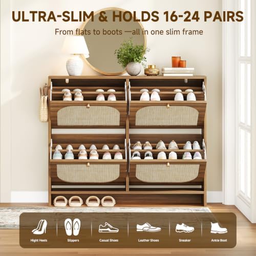 Nicetree Freestanding Ultra Slim Arched Rattan Accent Shoe Storage Cabinet for Entryway - 4 Flip Drawers & 3-Tier Adjustable Shelves, Farmhouse Modern Rustic Shoe Rack for Hallway, Foyer Oak - Image 6