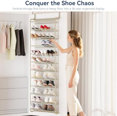 Whitmor 36 Pair Over the Door Shoe Rack,12 Tier Hanging Shoe Organizer with Metal Frame & Mesh Shelves, Heavy Duty Shoe Storage Holder for Door, No Drill Installation, 74" H x 21.7" W x 7.5" D, Oat - Image 3