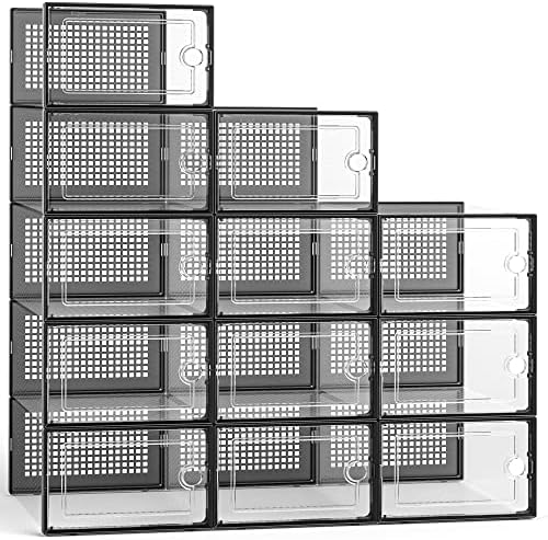 Kuject 12 Pack Large Shoe Boxes, Clear Stackable Containers with Lids,Black by Kuject